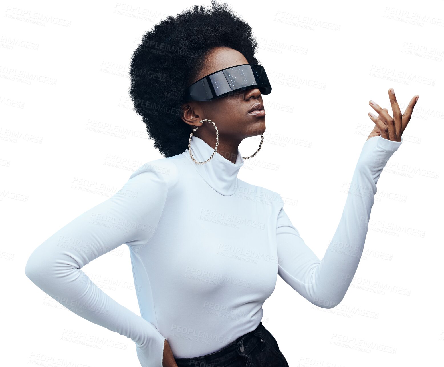 Buy stock photo Virtual reality, black woman and fashion with digital world and futuristic model isolated on png transparent background. Beauty, style and 3D holographic with high tech, VR experience and metaverse