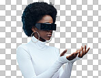 Futuristic sunglasses, fashion and black woman, gen z youth and stylish with trendy designer brand against studio background. Young model, cyberpunk and natural curly hair with beauty and edgy style