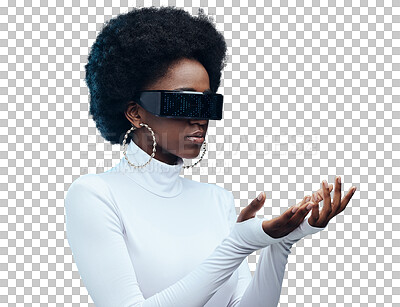 Futuristic sunglasses, fashion and black woman, gen z youth and stylish with trendy designer brand against studio background. Young model, cyberpunk and natural curly hair with beauty and edgy style
