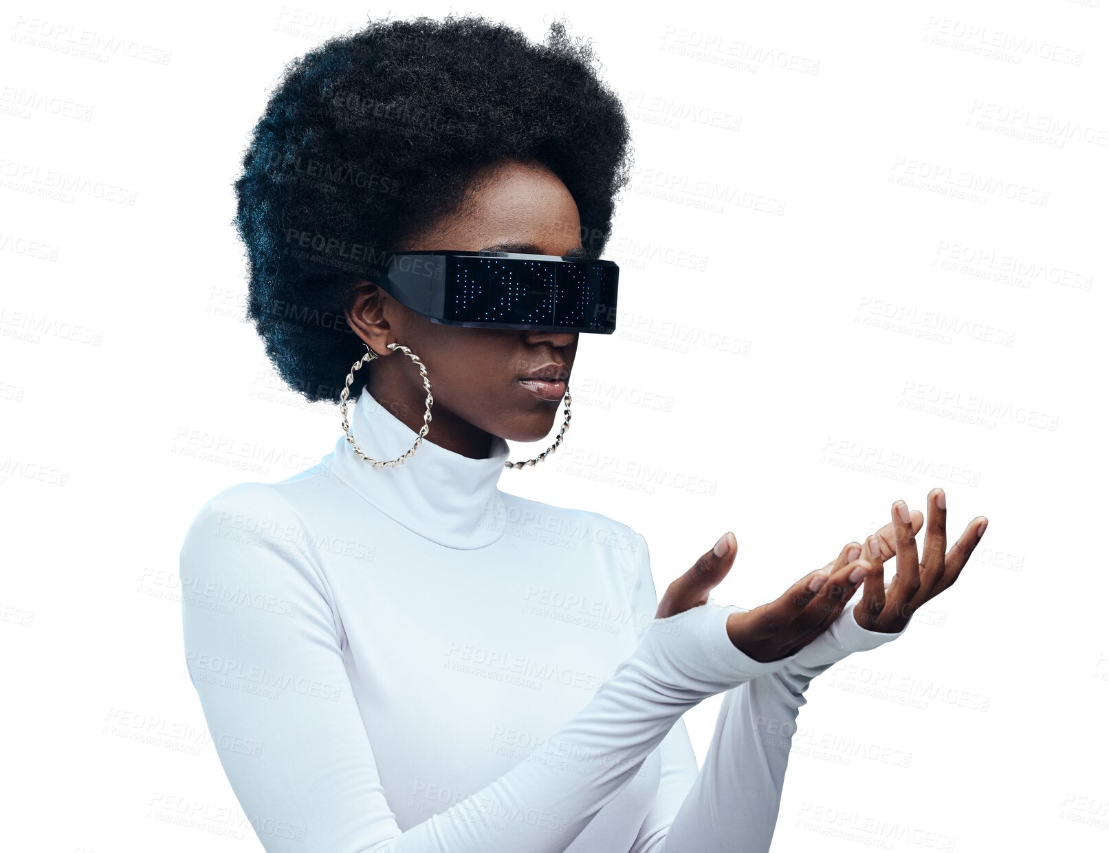 Buy stock photo Woman, vr or futuristic glasses with hands for fashion software and designer brand isolated on transparent, png background. Tech and african person in virtual reality, vision or metaverse sunglasses