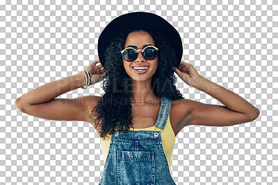 Buy stock photo Summer, fashion and portrait, happy woman isolated on transparent png background in sunglasses and hat. Travel, holiday and gen z girl with smile, eyewear and designer clothes for luxury vacation.