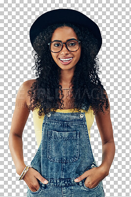 Buy stock photo Summer, fashion and glasses, portrait of happy woman isolated on transparent png background in hat. Travel, holiday and gen z hipster girl with eyewear, designer clothes and luxury vacation style.