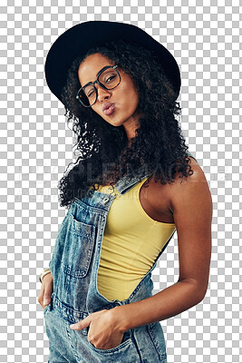 Buy stock photo Summer, fashion and kiss, hipster woman isolated on transparent png background in glasses and hat for portrait. Travel, holiday and happy gen z girl in eyewear, designer clothes and vacation style.