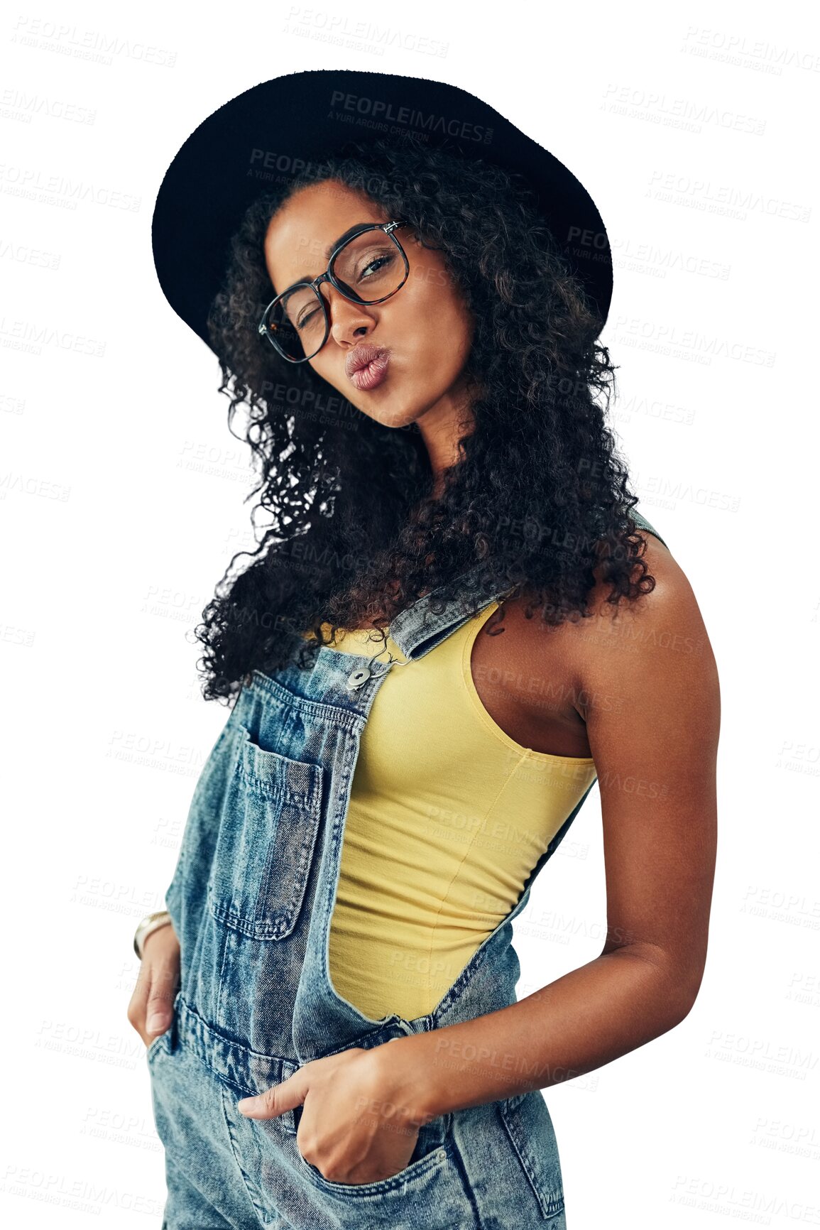 Buy stock photo Summer, fashion and kiss, hipster woman isolated on transparent png background in glasses and hat for portrait. Travel, holiday and happy gen z girl in eyewear, designer clothes and vacation style.