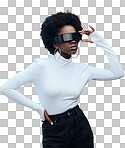 Futuristic sunglasses, fashion and black woman, cyberpunk and gen z with trendy designer brand against studio background. Young model, stylish and natural curly hair with beauty and edgy style