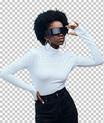 Futuristic sunglasses, fashion and black woman, cyberpunk and gen z with trendy designer brand against studio background. Young model, stylish and natural curly hair with beauty and edgy style