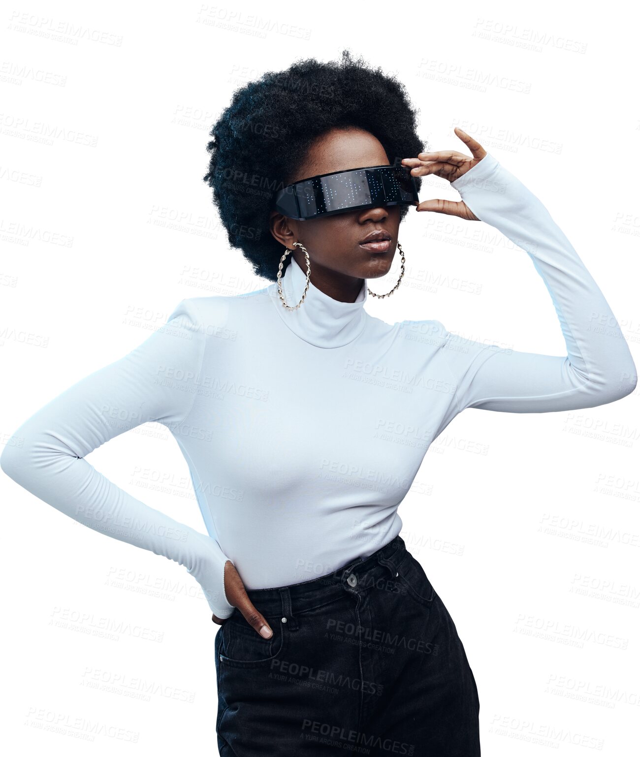 Buy stock photo Virtual reality, black woman and fashion with digital world and future technology isolated on png transparent background. Beauty, style and 3D holographic with high tech, VR experience and metaverse