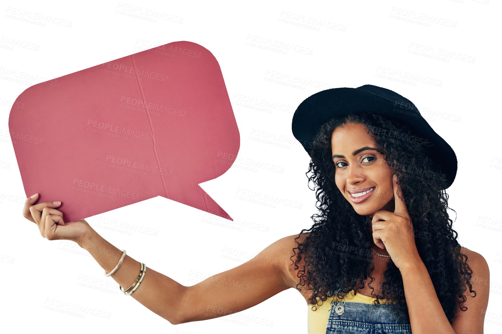 Buy stock photo Speech bubble, portrait and thinking by woman with faq, mockup or space on isolated, transparent or png background. Questions, face and female student with why, sign up or social media announcement 
