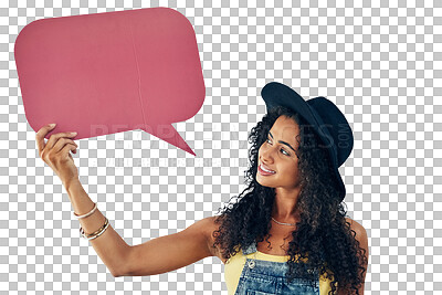 Buy stock photo Speech bubble, news and woman with banner, space of faq on isolated, transparent and png background. Banner, space and female model show social media, platform or service offer with sign up steps