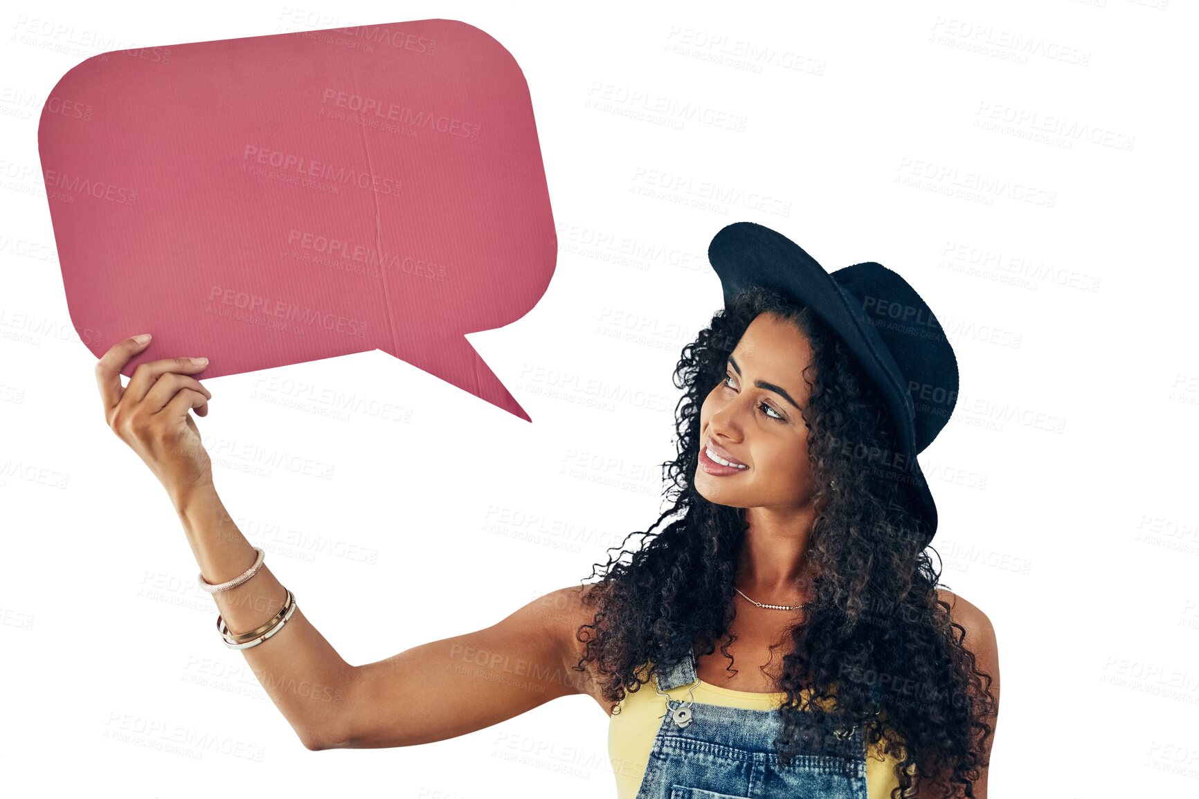 Buy stock photo Speech bubble, news and woman with banner, space of faq on isolated, transparent and png background. Banner, space and female model show social media, platform or service offer with sign up steps