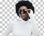 Sunglasses, fashion and young black woman with gen z style and designer with trendy brand against studio background. Afro hair, edgy and girl, marketing with fashion model and stylish beauty