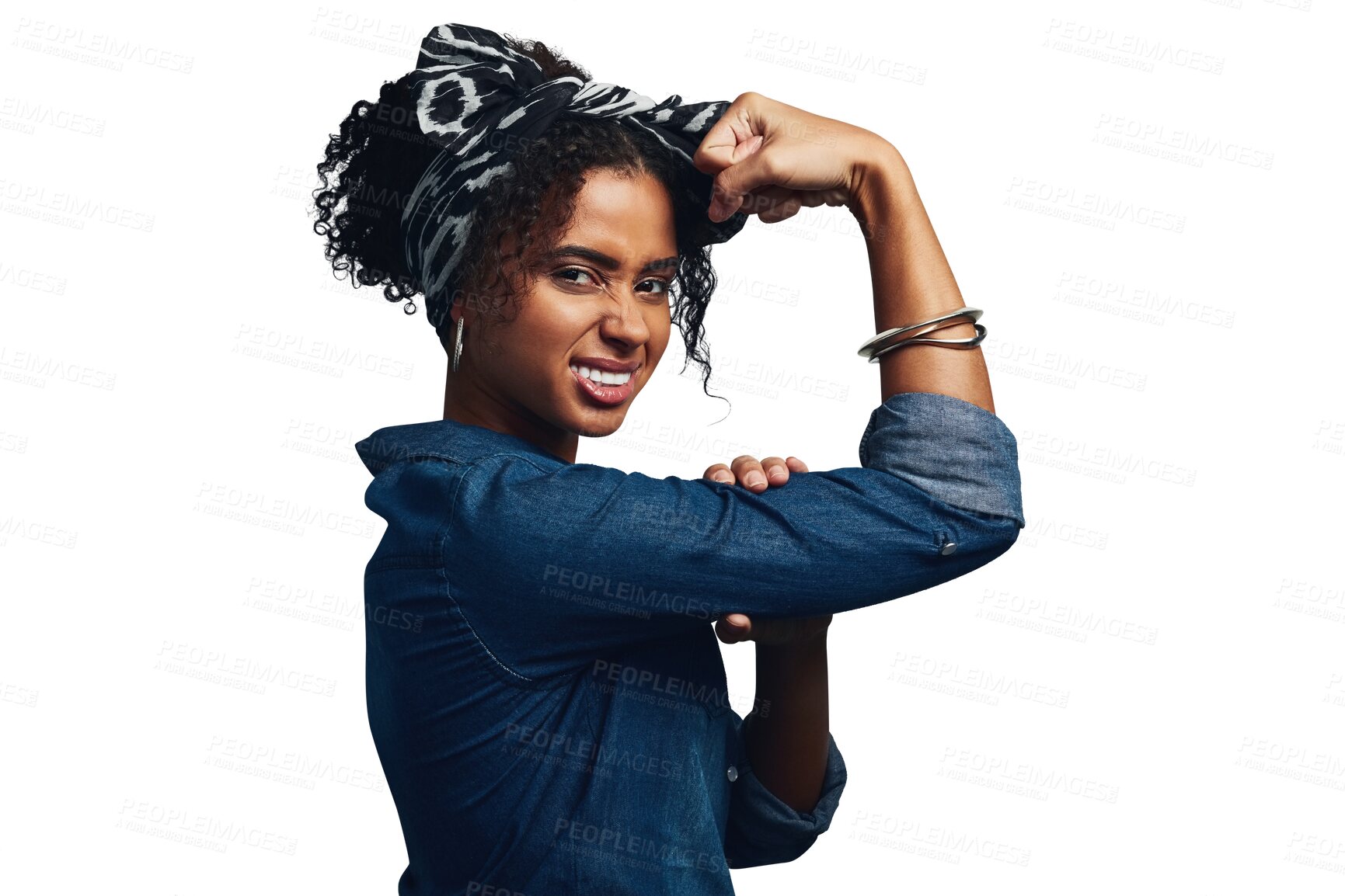 Buy stock photo Strong, woman and portrait of fight for gender equality, power and feminism on isolated, transparent or png background. Flex, arms and icon with confidence, pride or challenge for women empowerment