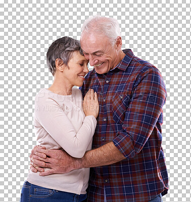 Buy stock photo Old couple, hug and smile for retirement or pension for natural or happy isolated on transparent png background. Senior, health and wellness for life insurance or support, care and relax in peace