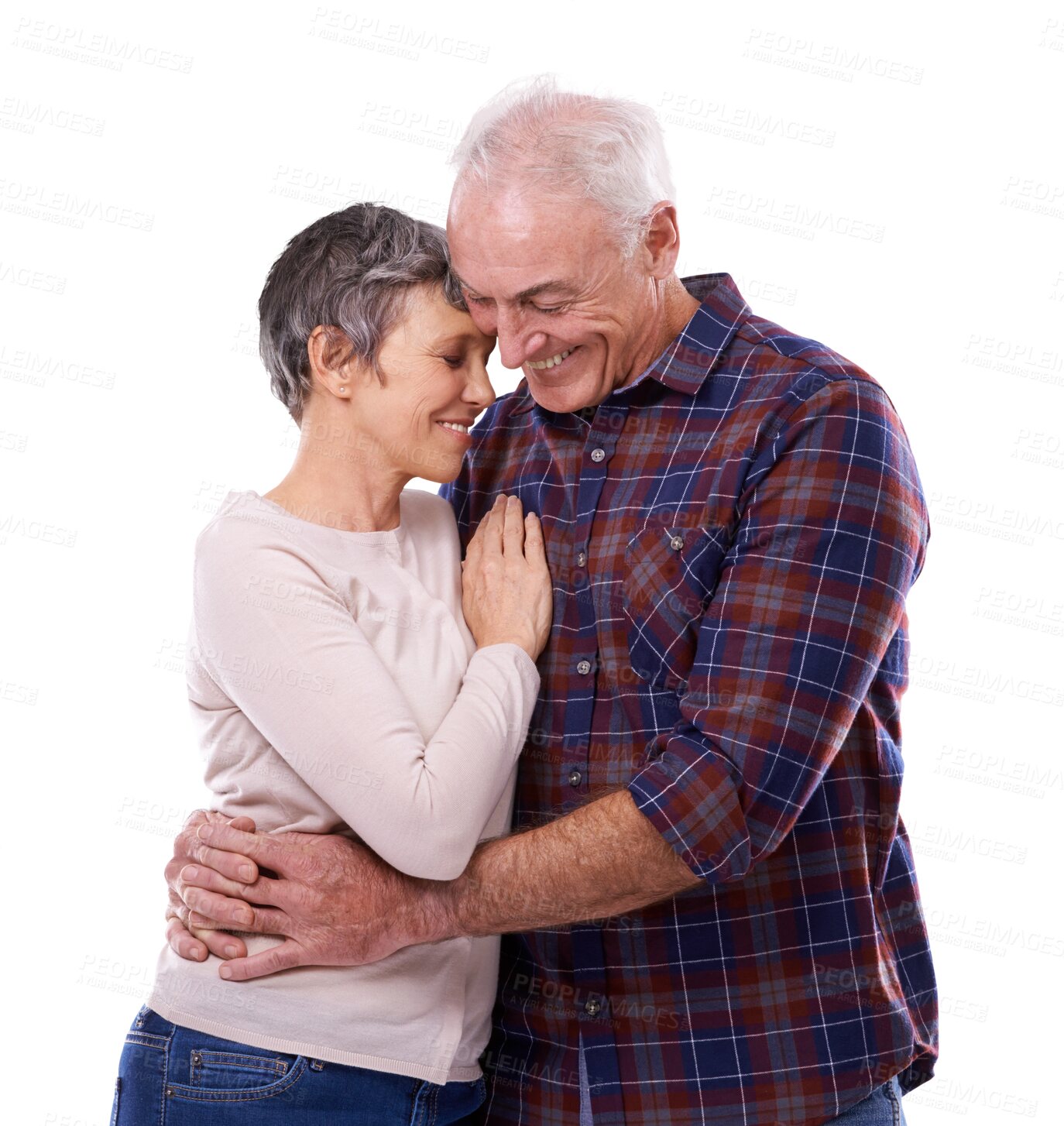 Buy stock photo Old couple, hug and smile for retirement or pension for natural or happy isolated on transparent png background. Senior, health and wellness for life insurance or support, care and relax in peace