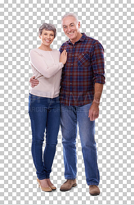 Buy stock photo Happy senior couple, portrait and hug in retirement together isolated on a transparent PNG background. Mature or elderly man and woman smile in casual fashion, pension or embrace for old relationship