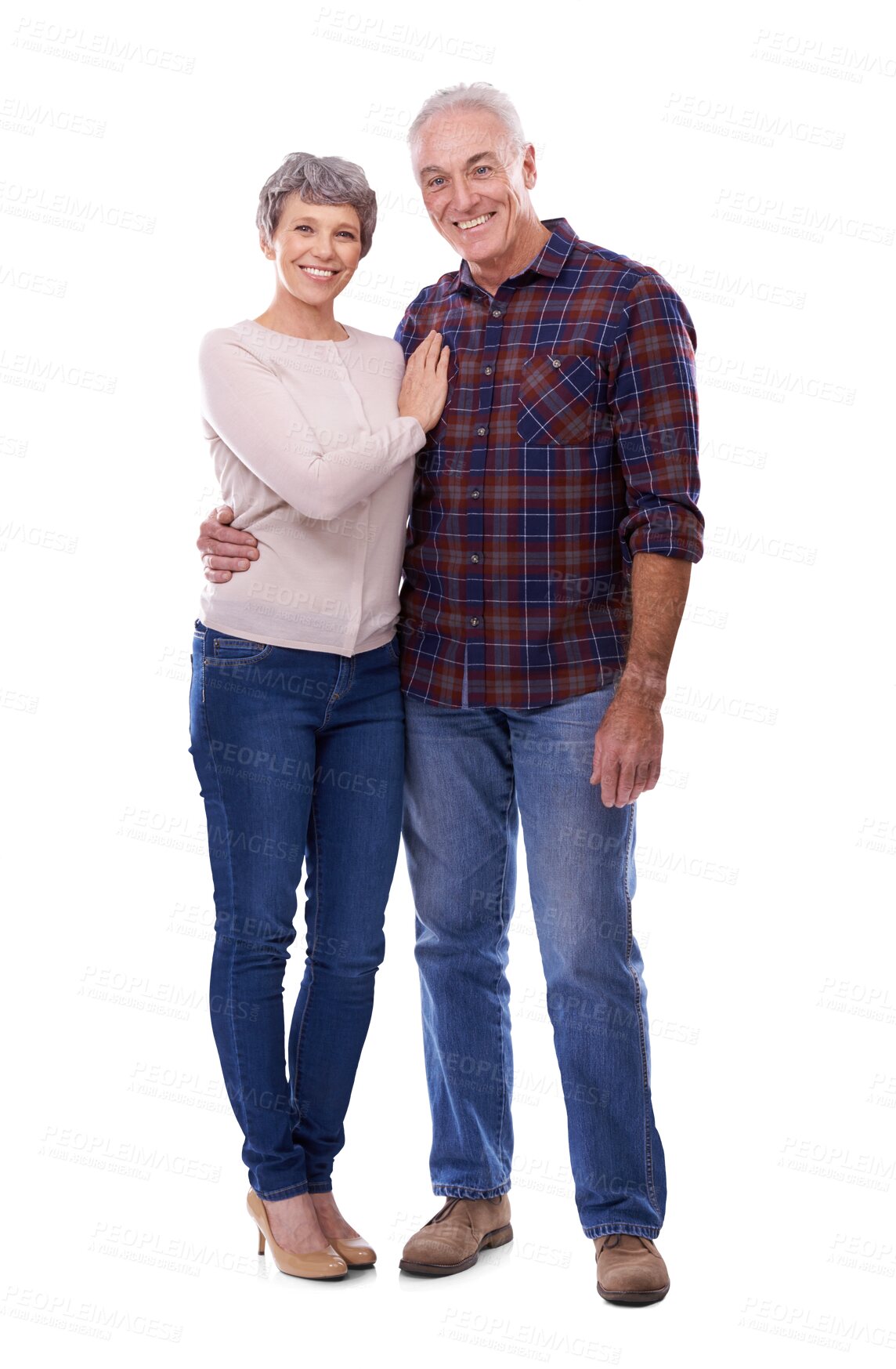 Buy stock photo Happy senior couple, portrait and hug in retirement together isolated on a transparent PNG background. Mature or elderly man and woman smile in casual fashion, pension or embrace for old relationship