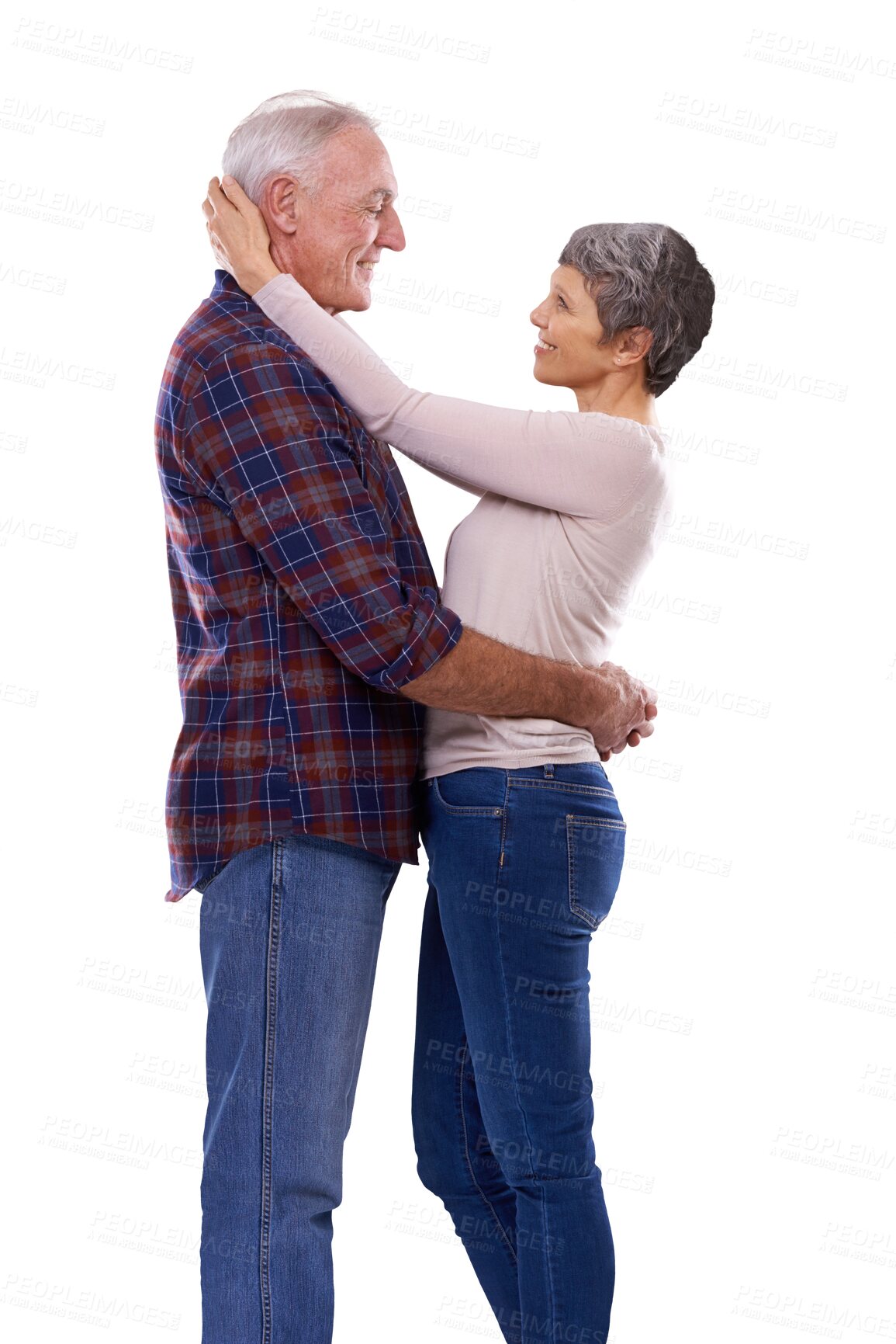 Buy stock photo Love, hug and smile, old couple isolated on transparent png background with trust, support and care. Happy marriage, old man and elderly woman embrace in romance, bonding and retirement together.