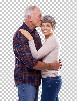 Buy stock photo Love, hug and kiss, old couple isolated on transparent png background with smile, support or care. Happy marriage, senior man and woman embrace in romance, bonding and retirement portrait together.