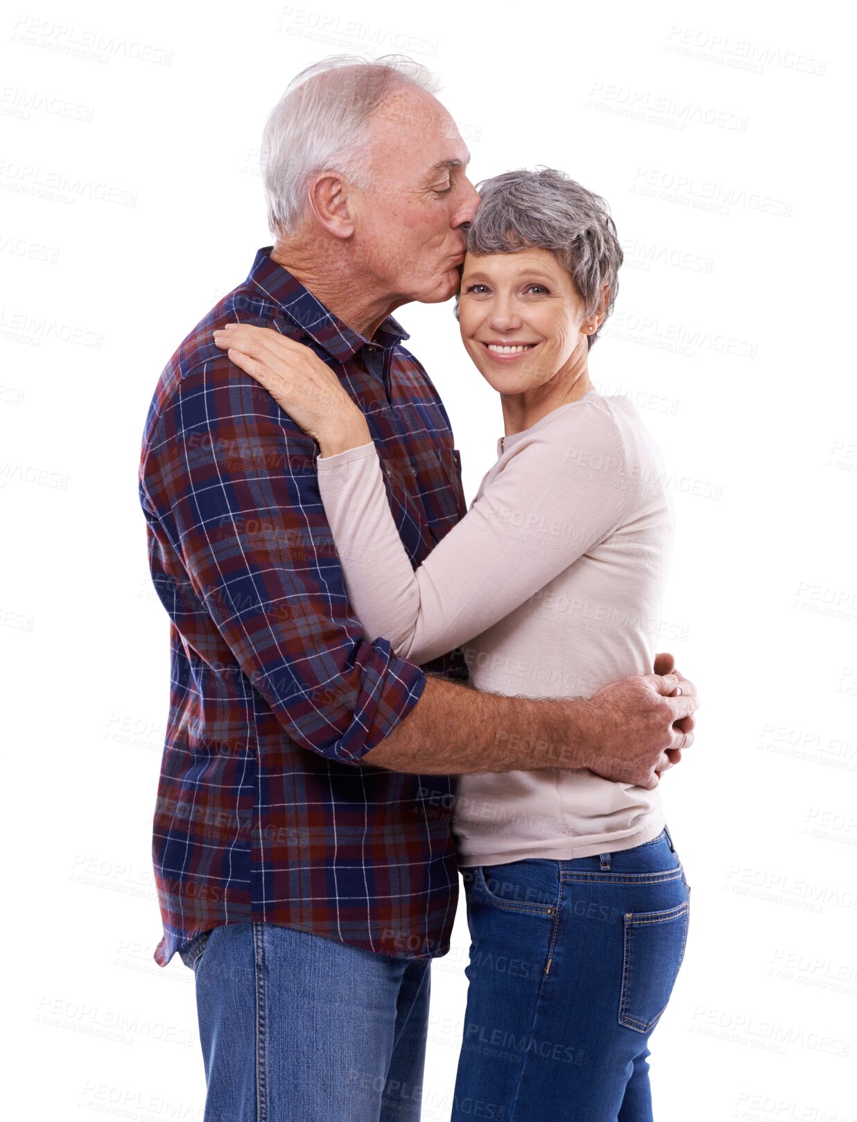 Buy stock photo Love, hug and kiss, old couple isolated on transparent png background with smile, support or care. Happy marriage, senior man and woman embrace in romance, bonding and retirement portrait together.