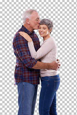 Buy stock photo Love, embrace and kiss, old couple isolated on transparent png background with smile, support or care. Happy marriage, senior man and elderly woman hug in romance, bonding and retirement together.