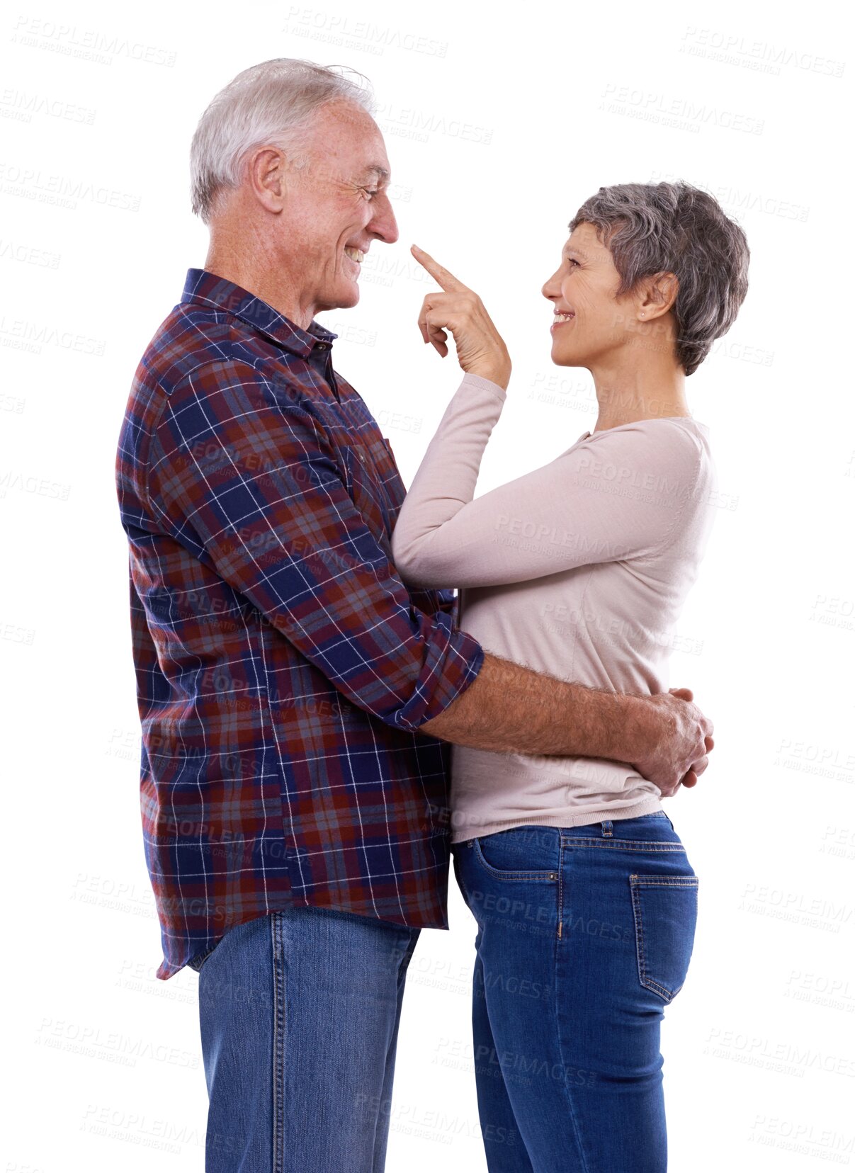 Buy stock photo Love, hug and happy old couple isolated on transparent png background with trust, support or care. Marriage, old man and elderly woman embrace in romance, bonding and smile in retirement together.