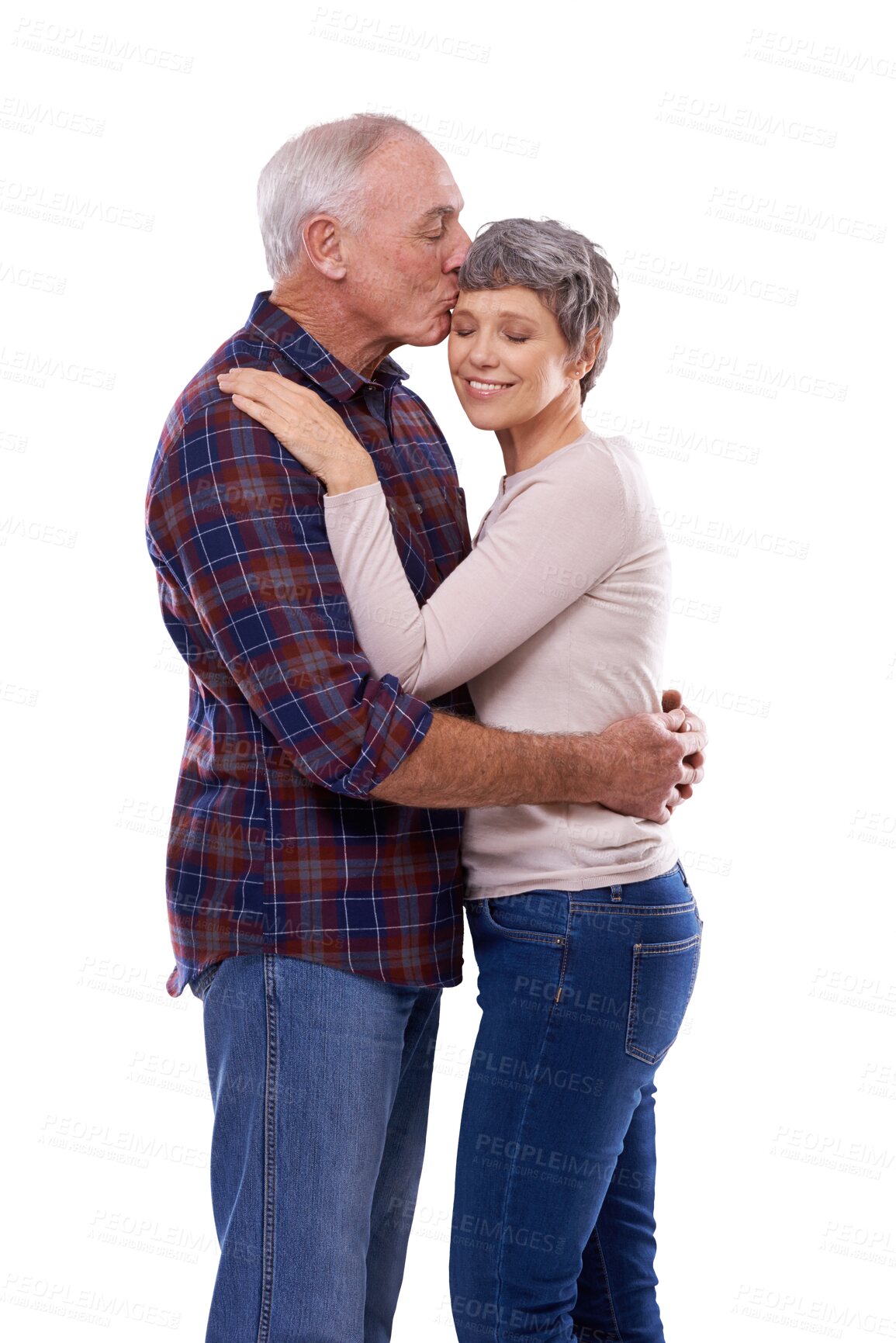 Buy stock photo Care, hug and kiss, old couple isolated on transparent png background with smile, support and love. Happy marriage, senior man and elderly woman embrace in romance, bonding and retirement together.