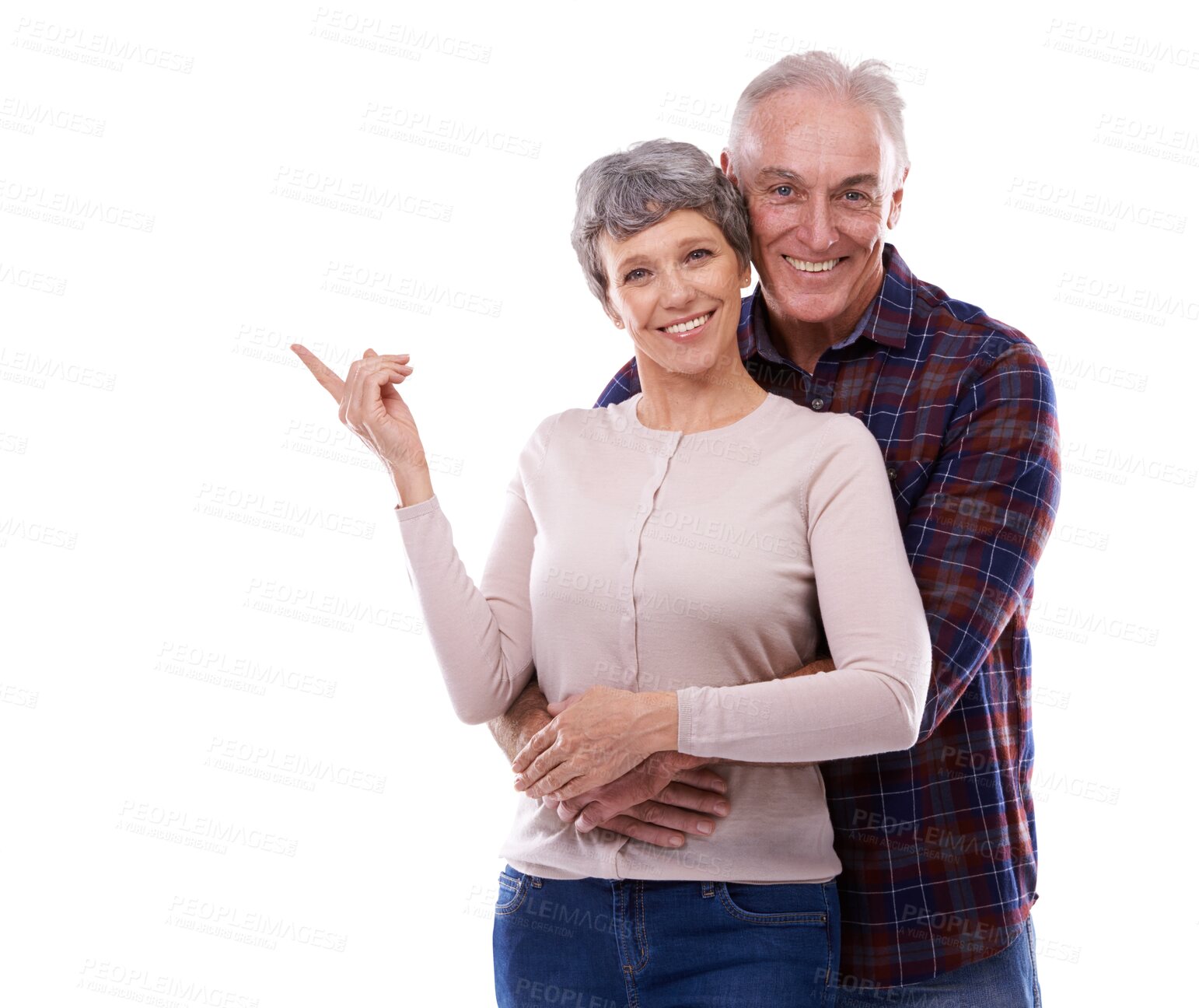 Buy stock photo Portrait, hugging and elderly couple with smile, commitment and marriage in romantic relationship. Husband, wife and  hand gesture with finger, family goals and isolated on transparent png background