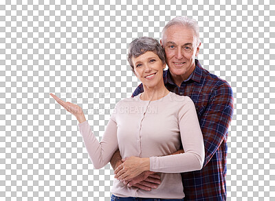 Buy stock photo Hug, presentation and happy old couple isolated on transparent png background in trust, love or care. Portrait, senior man and woman pointing, showing product placement for marriage or retirement.