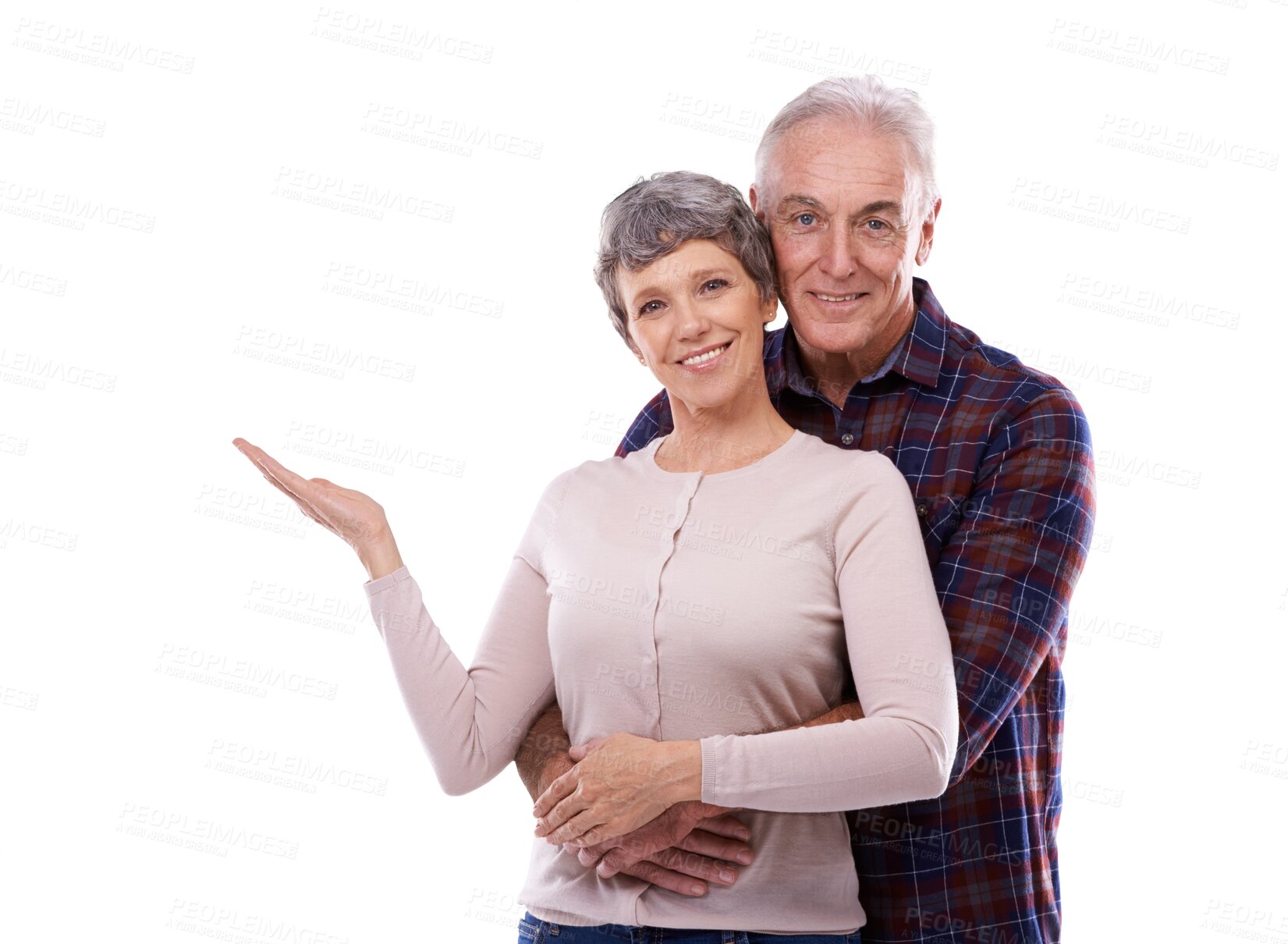 Buy stock photo Hug, presentation and happy old couple isolated on transparent png background in trust, love or care. Portrait, senior man and woman pointing, showing product placement for marriage or retirement.