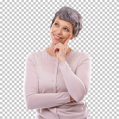 Buy stock photo Thinking, smile and mature woman with ideas, memory or imagination isolated in a transparent or png background. Planning, positive and wise person with goal mindset wondering and confident in thought