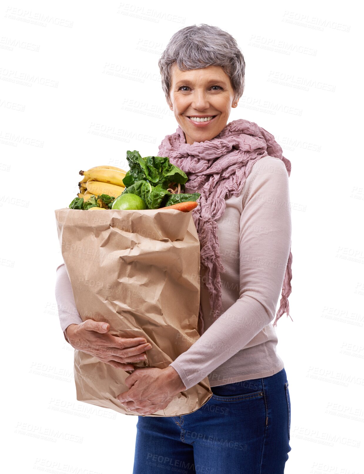 Buy stock photo Mature woman, groceries bag and portrait for shopping promotion, sale or discount isolated on transparent png backpack. Happy customer with healthy food, fruits and vegetable for retail and commerce