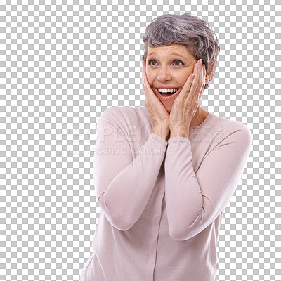 Buy stock photo Senior, woman and surprise on face or excited for announcement or news on isolated, transparent or png background. Wow, shocked and  emoji of happiness for promotion, discount or sales offer 