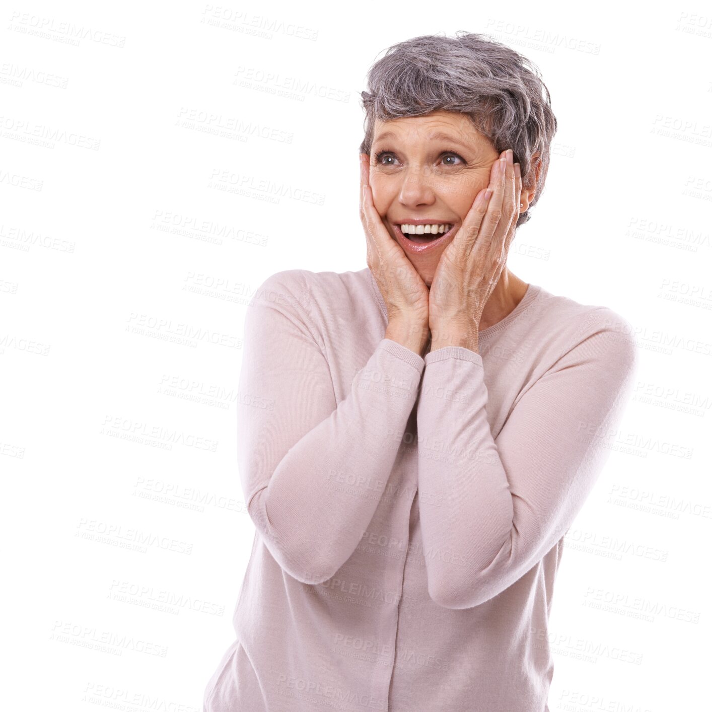 Buy stock photo Senior, woman and surprise on face or excited for announcement or news on isolated, transparent or png background. Wow, shocked and  emoji of happiness for promotion, discount or sales offer 