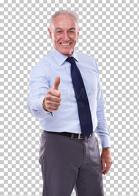 Buy stock photo Senior businessman, portrait and thumbs up in success or winning isolated on a transparent PNG background. Mature man, CEO or executive smile with like emoji, yes sign or OK for agreement or approval