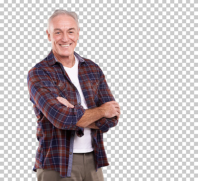 Buy stock photo Portrait, happy and senior man with arms crossed isolated on transparent png background. Smile, elderly and confident person in casual clothes for fashion style, positive and retirement in Australia