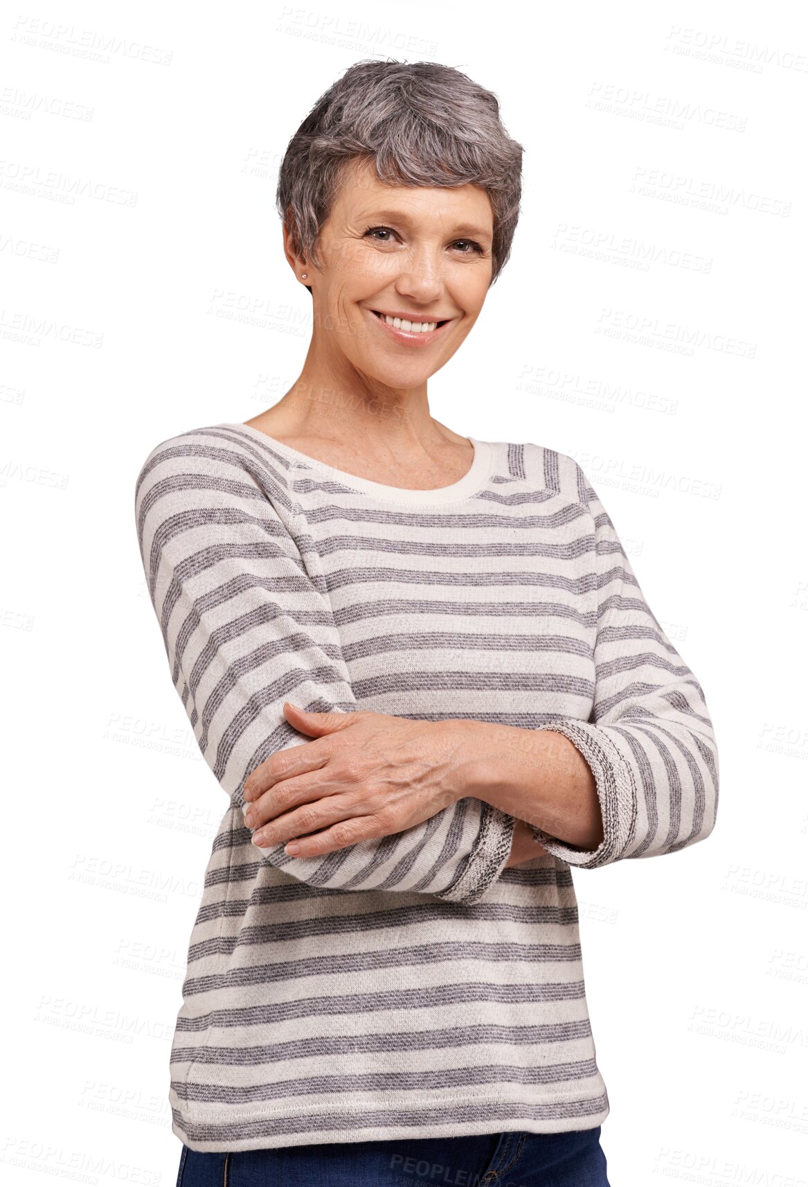 Buy stock photo Portrait, happy and mature woman with arms crossed isolated on a transparent png background. Face smile, positive and confident person in casual clothes for fashion, style and trendy in Australia