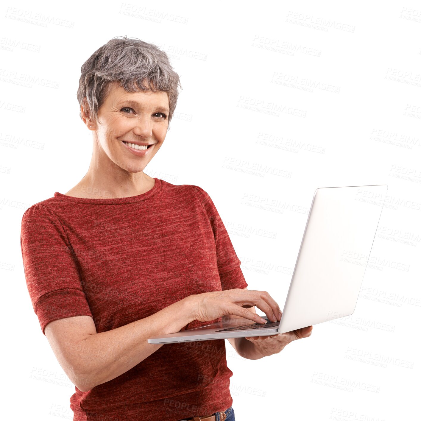 Buy stock photo Mature woman, laptop and portrait for planning, website information and online asset management. Casual person typing on computer for FAQ on pension funding isolated on a transparent, png background