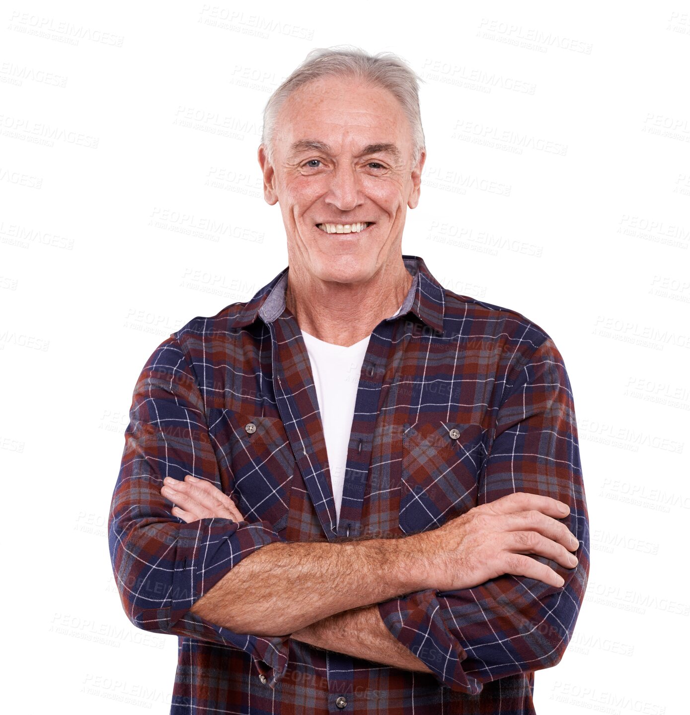 Buy stock photo Portrait, happy and elderly man with arms crossed isolated on transparent png background. Smile, senior and confident person in casual clothes for fashion style, positive and retirement in Australia