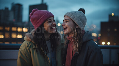 City friends in winter smiling together having fun. Gen Z outdoor travel fashion