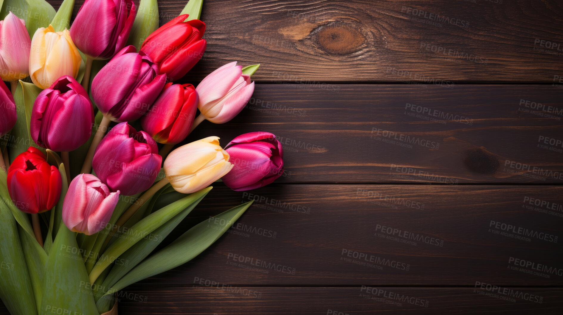 Buy stock photo Top view of colourful, fresh tulips on brown wooden table with copy space.