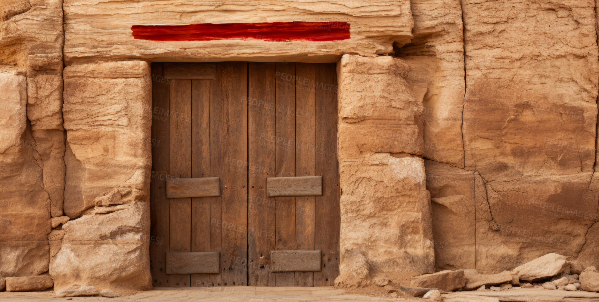 Buy stock photo Ancient hebrew house set in Egypt depicting the passover mark on door frame.