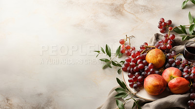 Buy stock photo Top view of traditional jewish passover food on table with copy space.