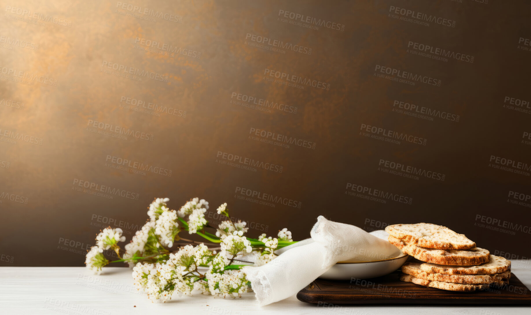 Buy stock photo Traditional jewish passover food on table with plenty of copy space .