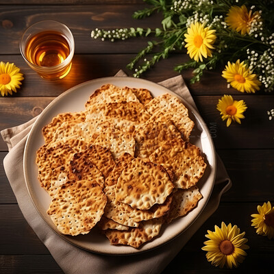 Buy stock photo Close up portrait of traditional jewish passover food on table with sunflowers.