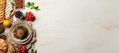 Buy stock photo Traditional jewish passover food on table with copy space .