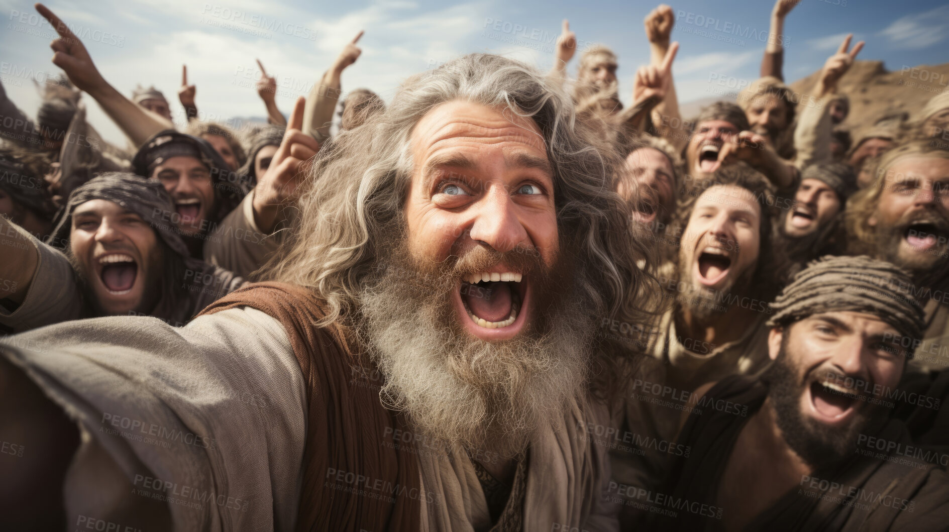 Buy stock photo Moses and Israelites celebrates exodus from ancient Egypt in ai generated selfie.