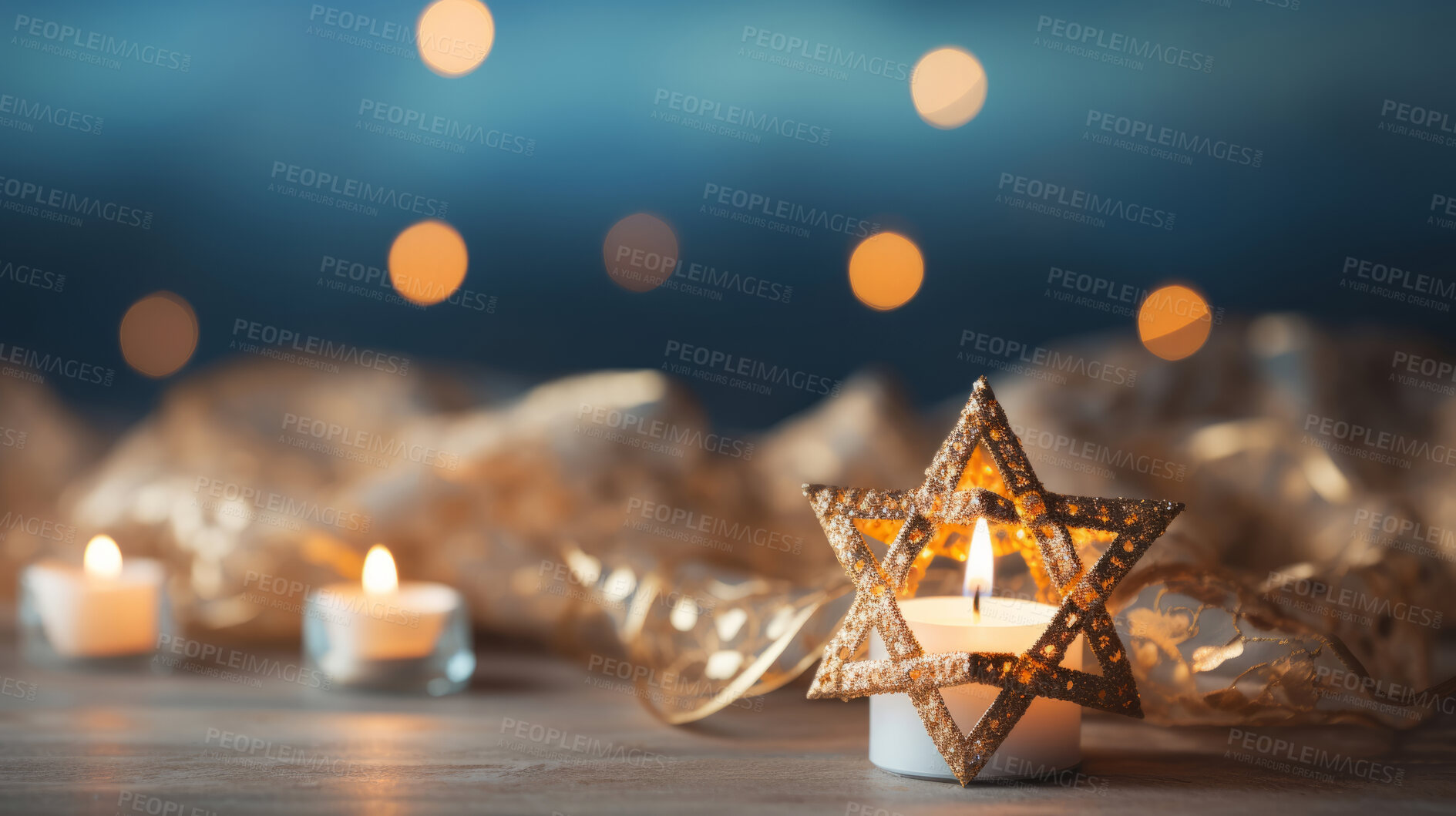 Buy stock photo Close up of traditional Jewish items on table with bokeh in background.