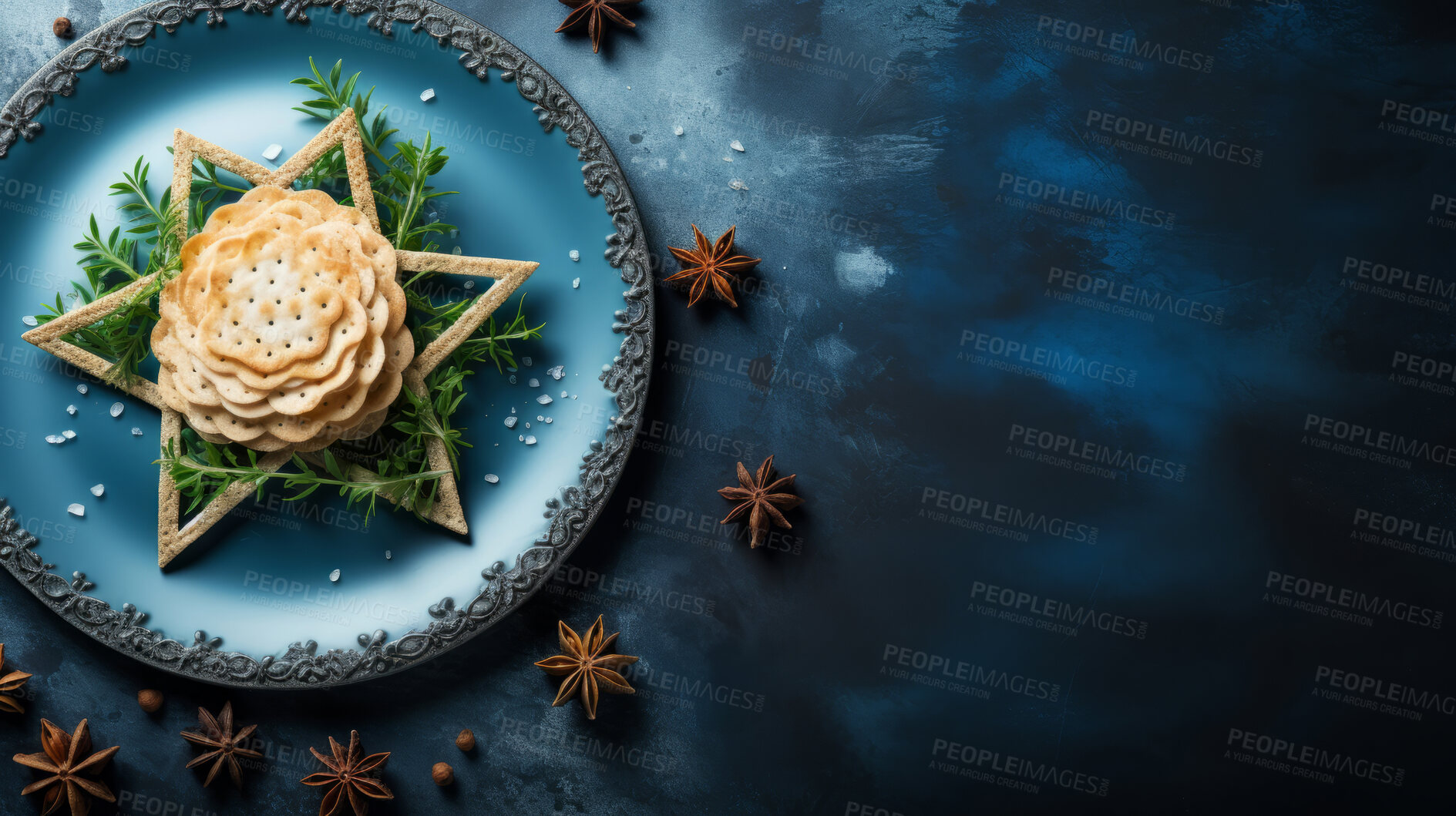 Buy stock photo Top view of traditional jewish food in shape of star of David on blue table with copy space .