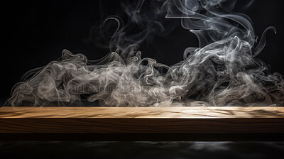 Empty wooden table with smoke on black copyspace background. Product display montage