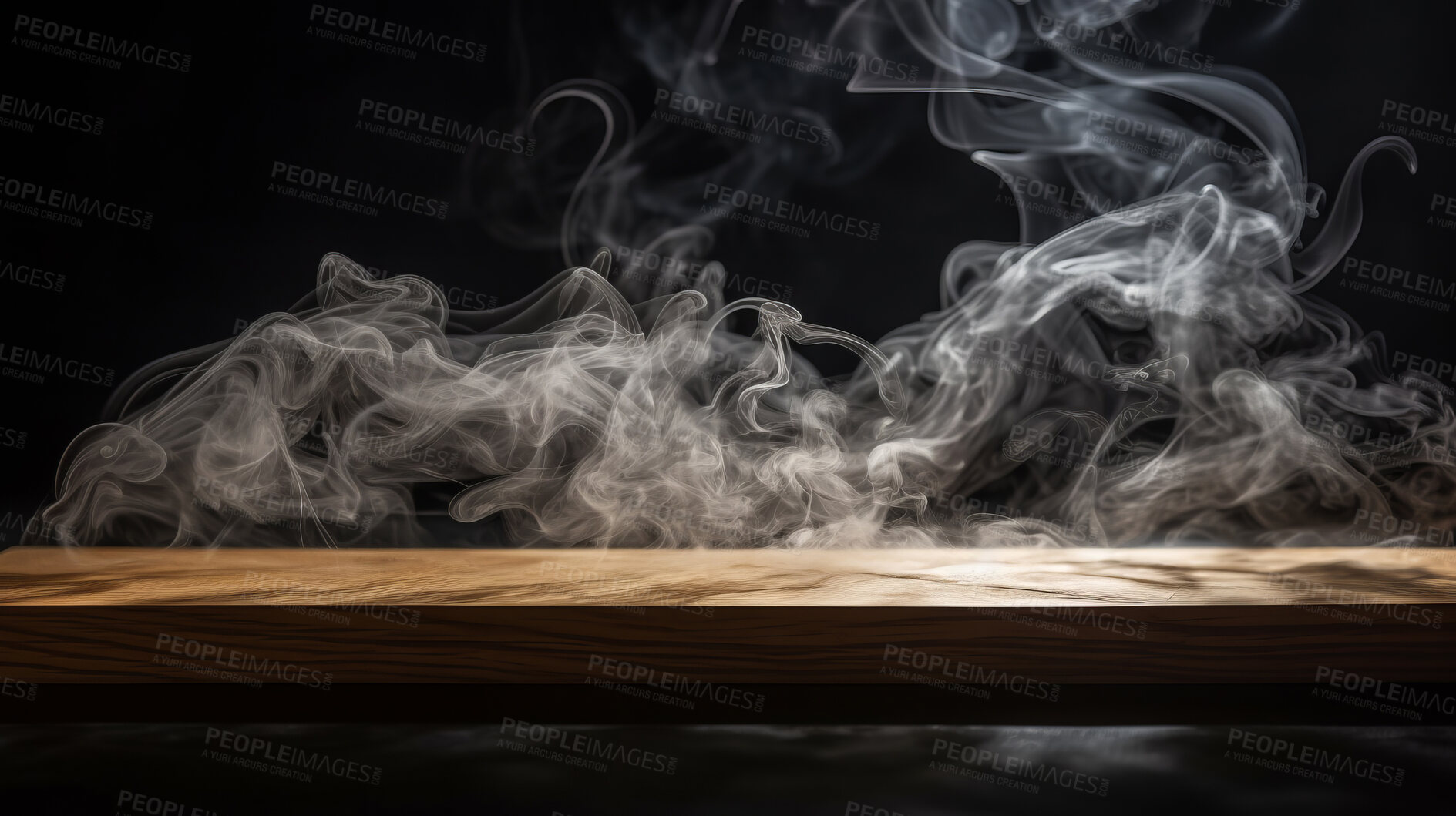 Buy stock photo Empty wooden table with smoke on black copyspace background. Product display montage